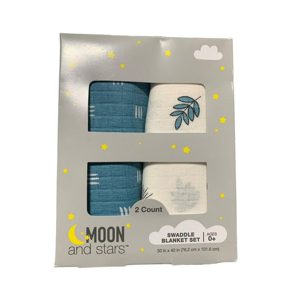 MOON & STARS 2 COUNT SWADDLE BLANKET SET BABY BOY GIFT 0 + WHITE BLUE THROW GIFT